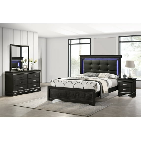 Black Modern LED Light King Panel Upholstered Bed Wooden Bedroom 5pc Set