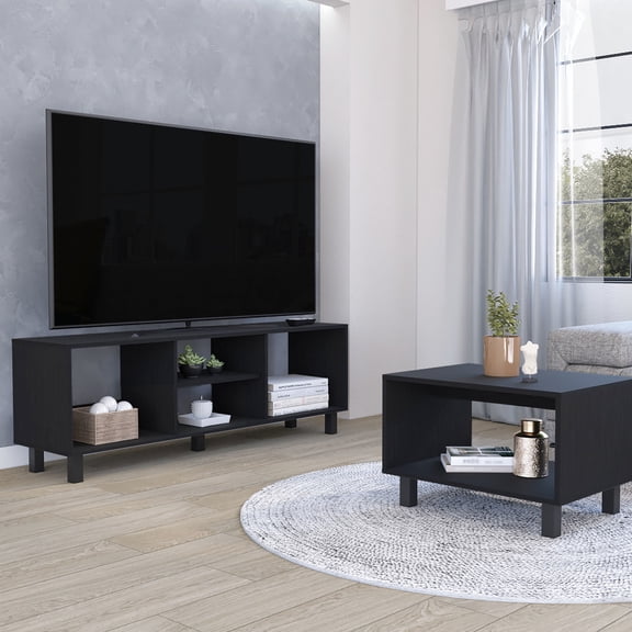 Black Modern Living Room Duo | With Spacious TV Rack and Storage Coffee Table | Experience Convenient Organization