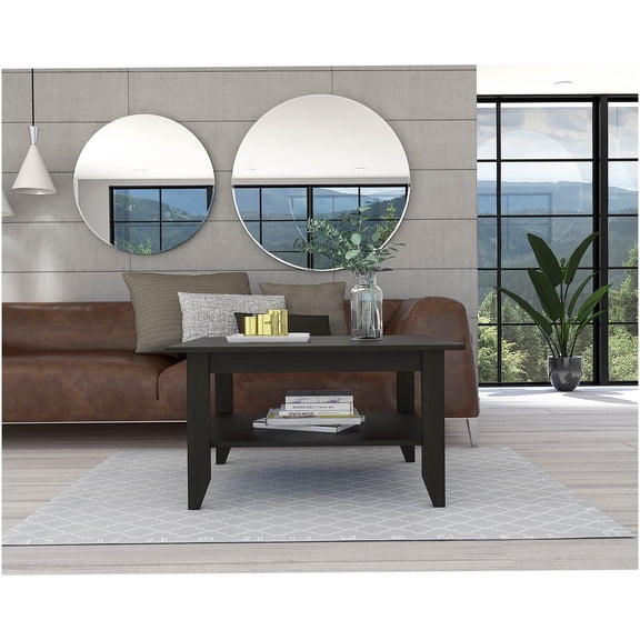 Black Modern Minimalist Coffee Table with Bottom Shelf for Living Room