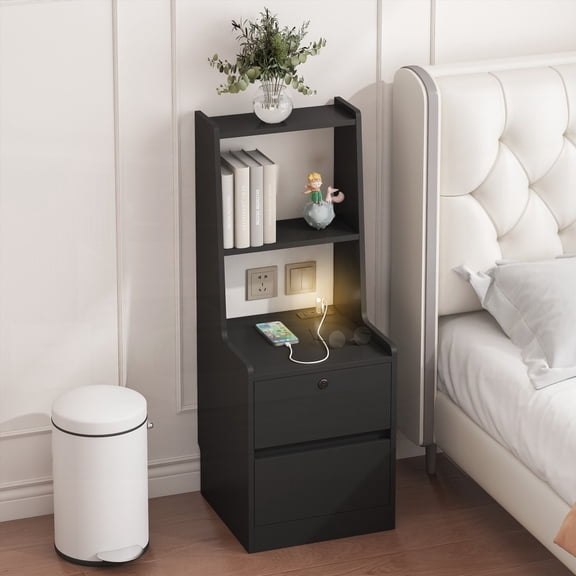 Black Modern Nightstand Having Charging Station & Voice-Controlled Night Light, With Bookshelf & Storage Cabinet
