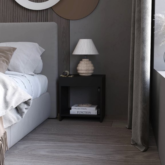 Black Modern Nightstand, Open Shelf Design / Store Decorative Objects in Bedroom