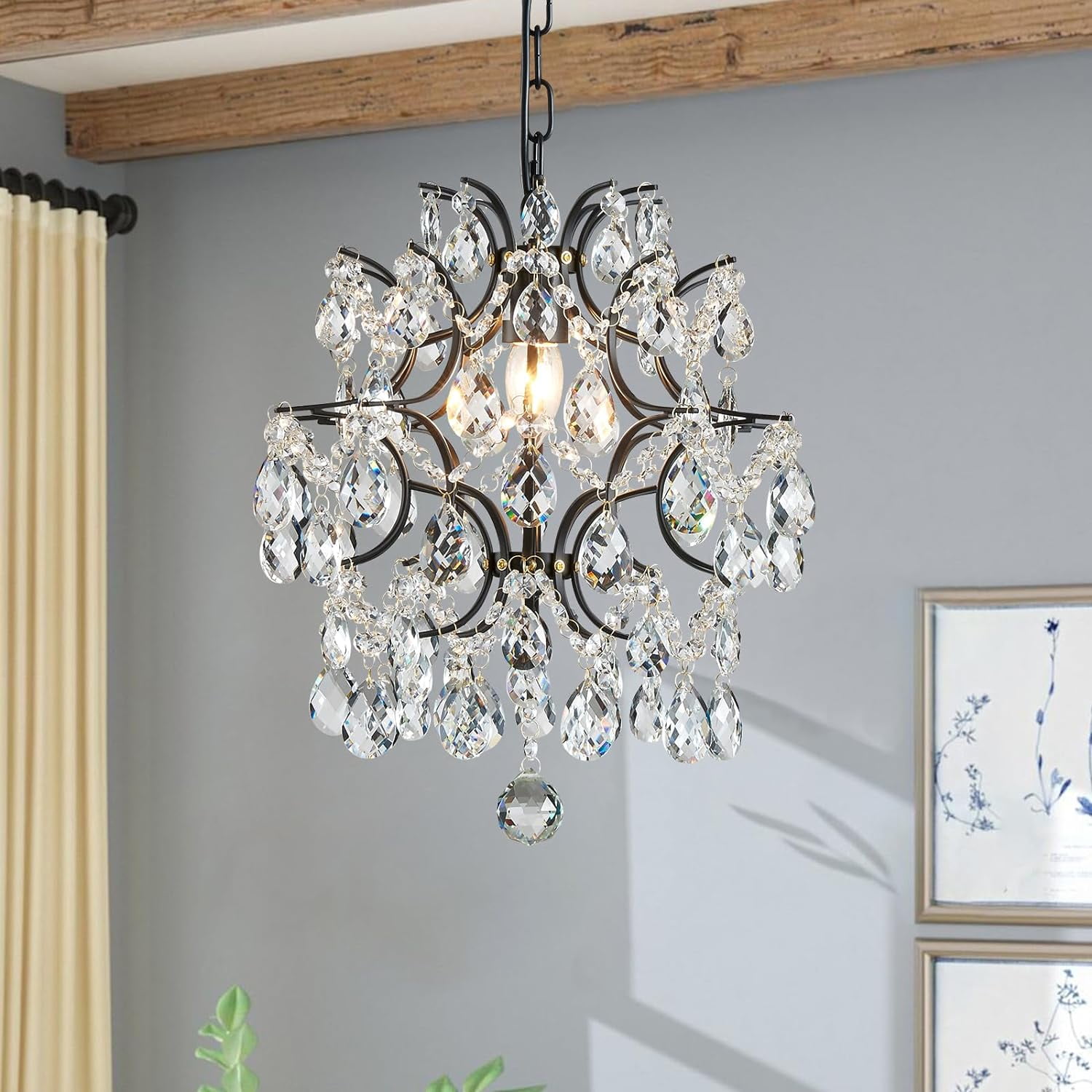 Black Modern Pendant Chandelier Crystal Raindrop Lighting Ceiling Light Fixture Lamp for Dining Room Bathroom Bedroom Livingroom entryway 1 E26 Bulbs Required D13 in x H16 in