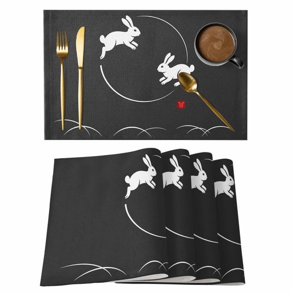 Black Modern Placemats Set of 12, Farmhouse Rabbit Abstract Art Placemats for Dining Table, Place Mats for Kitchen Tabletop, Waterproof Wipeable Dining Table Mats Set