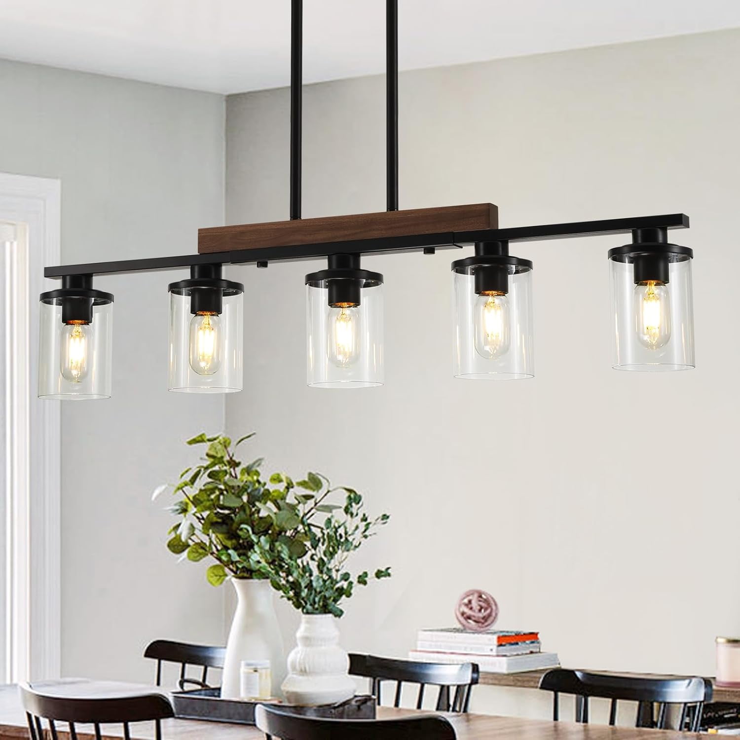 Black Modern Rustic Wood Kitchen Island Lighting, 5-Light Dining Room Chandelier with Clear ...