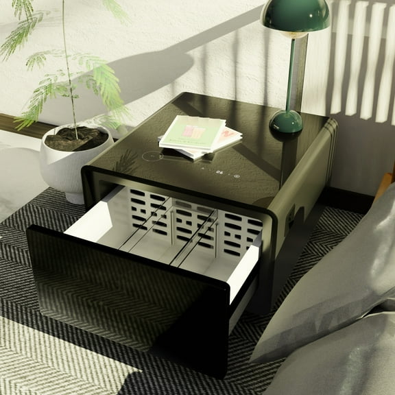 Black Modern Side Table With Built-in Fridge, Wireless Charging, And Outlet Protection Luxury Smart Desk Refrigerator, Power Socket - Rectangular