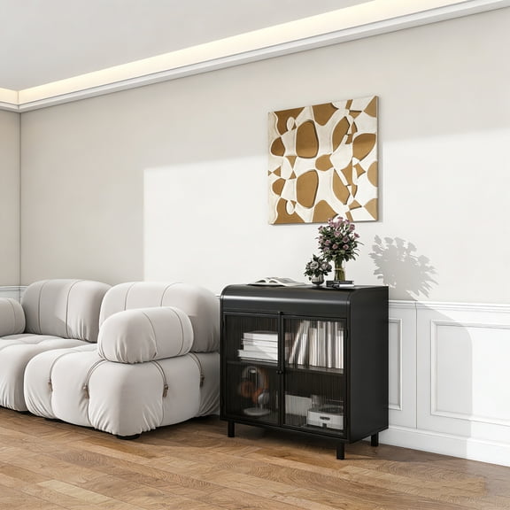 Black Modern Sideboard Buffet Cabinet with Tempered Figured Glass Doors, Flip-Top Compartment and Inner Shelves, Metal Frame Storage Console for Dining Room Kitchen Living Room Entryway