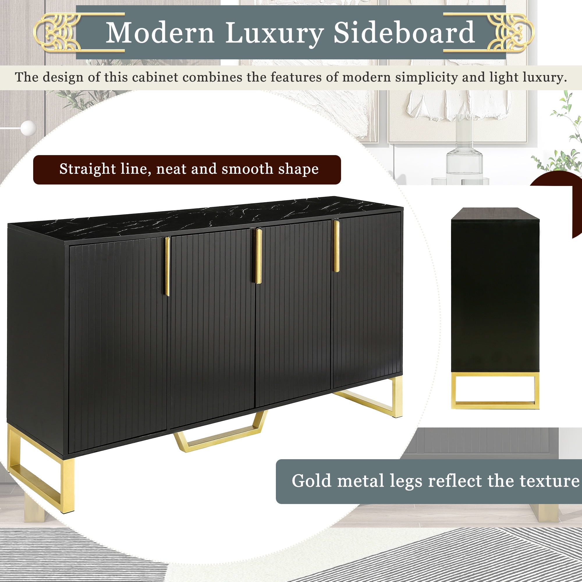 Black Modern Sideboard with Four Doors, Metal Handles & Legs ...