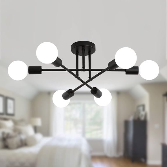 Black Modern Sputnik Chandelier Ceiling Light Fixtures,6-Lights Industrial Semi Flush Mount Ceiling Light for Dining Room Room Kitchen Hallway