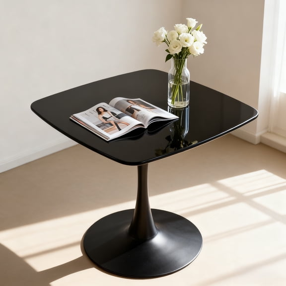 Black Modern Square Small Dining Table,Tulip Square Coffee Table with Metal Pedestal, Suitable for Small Spaces, Apartments, Cafés