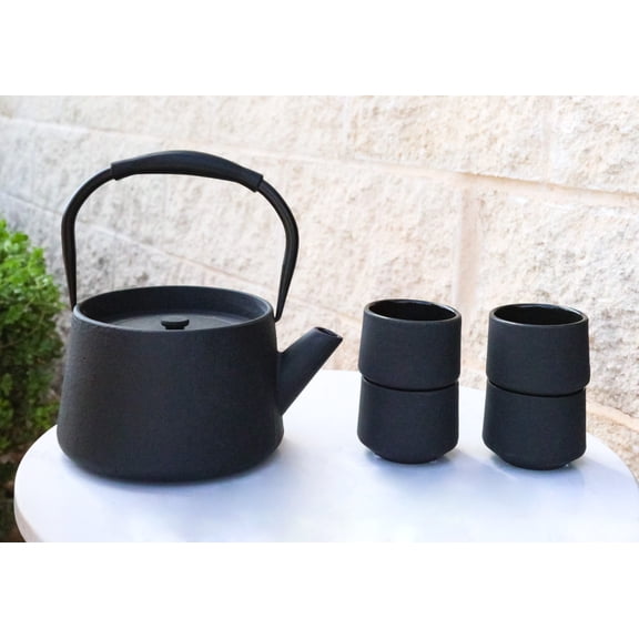 Black Modern Straight Edge Tetsubin Cast Iron Teapot 33oz And 4 Tea Cups Set