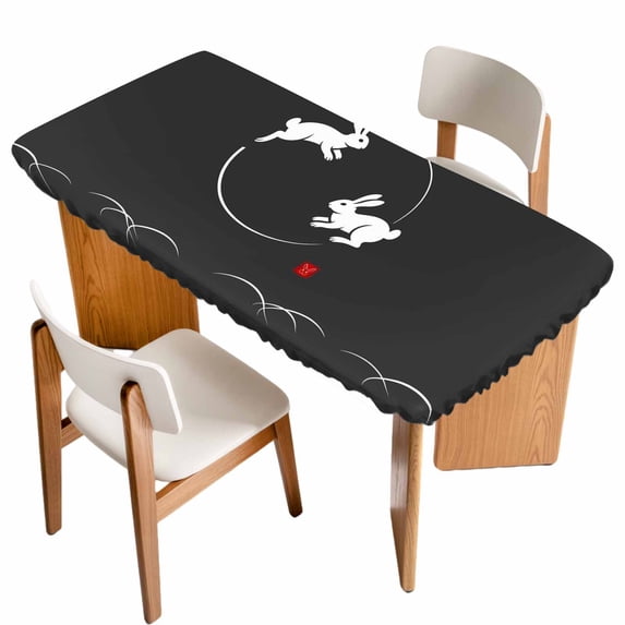 Black Modern Table Cloths for 3 Foot Rectangle Tables, Farmhouse Rabbit Abstract Art Patio Waterproof Elastic Fitted Tablecloths, Washable Rectangular Table Cover for Camping