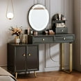 Black Modern Vanity Desk Retractable Vanity with LED Mirror and 2