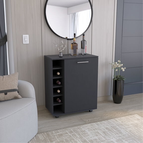 Black Modern Wick Bar Cart - With Wine Shelf For Dining Space Area Compact Storage Facility