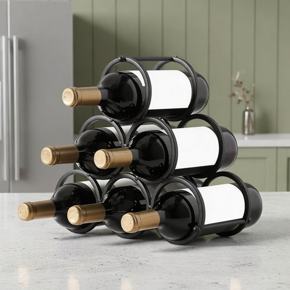 Black Modern Wire Rustic Counter Wine Rack Countertop Table, Metal Wine Rack Inserts for Cabinet Rustic 6 Bottles Wine Storage Holder
