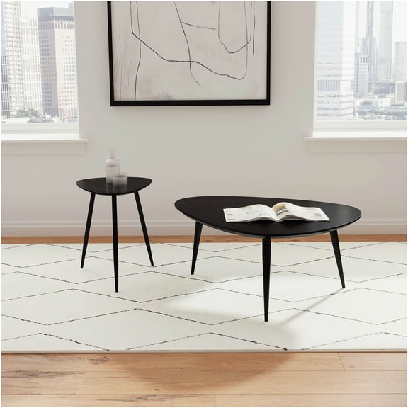 Black Modernist Coffee and End Table Set, 2-Piece Triangular Mango Wood Occasional Tables with Retro Design for Living Room