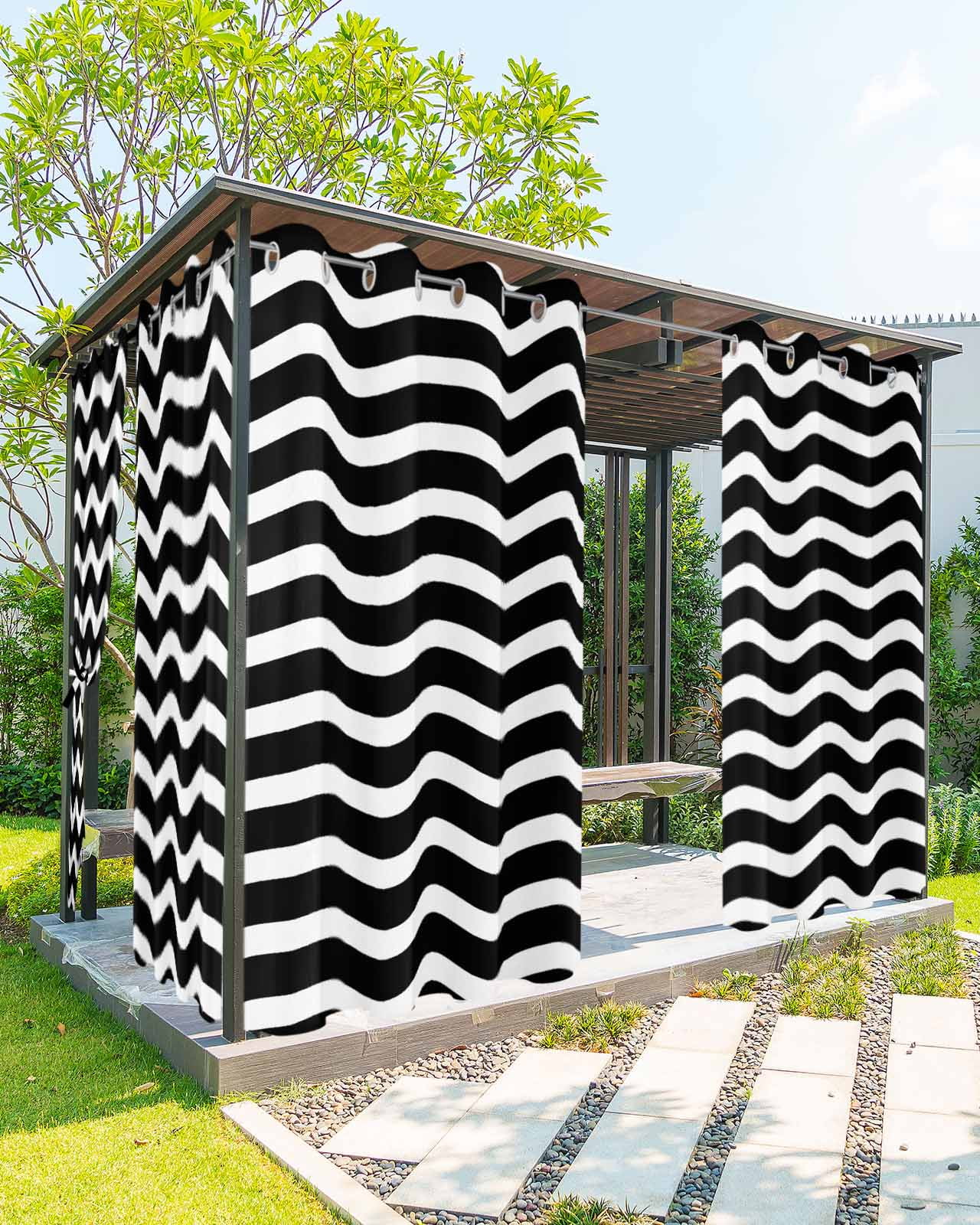 Black Moire Ombre Outdoor Curtains for Patio, Water Ripple Stripe Farmhouse Privacy Drapes Grommet Waterproof Outside Curtains for Porch/Cabana/Balcony 54"x 95", 2 Panel