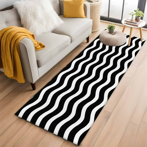 Black Moire Ombre Runner Rug 2x6 FT,Non Slip Hallway Rugs,Water Ripple Stripe Farmhouse Washable Soft Floor Carpet Non-Shedding Throw Runner Carpet Long Rug for Entryway Kitchen Bedside Sliding Door