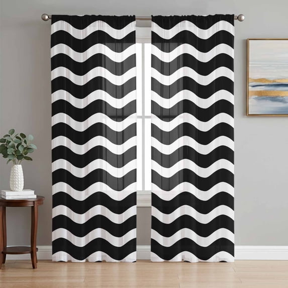 Black Moire Ombre Semi Sheer Curtains 108 Inch Length 2 Panels Set, Water Ripple Stripe Farmhouse Sheer Kitchen Curtain Privacy Voile Window Curtain for Living Room Bedroom Rod Pocket Drapes