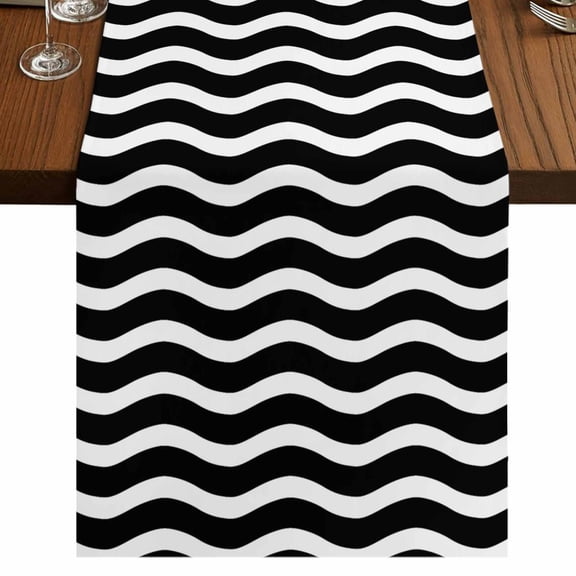 Black Moire Ombre Short Table Runner 36 Inches Long,Water Ripple Stripe Farmhouse Cotton Linen Table Runners Dresser Scarves,Fabric Tabletop Scarf Furniture Cover for Home Dinner Party Decor 13"x36"