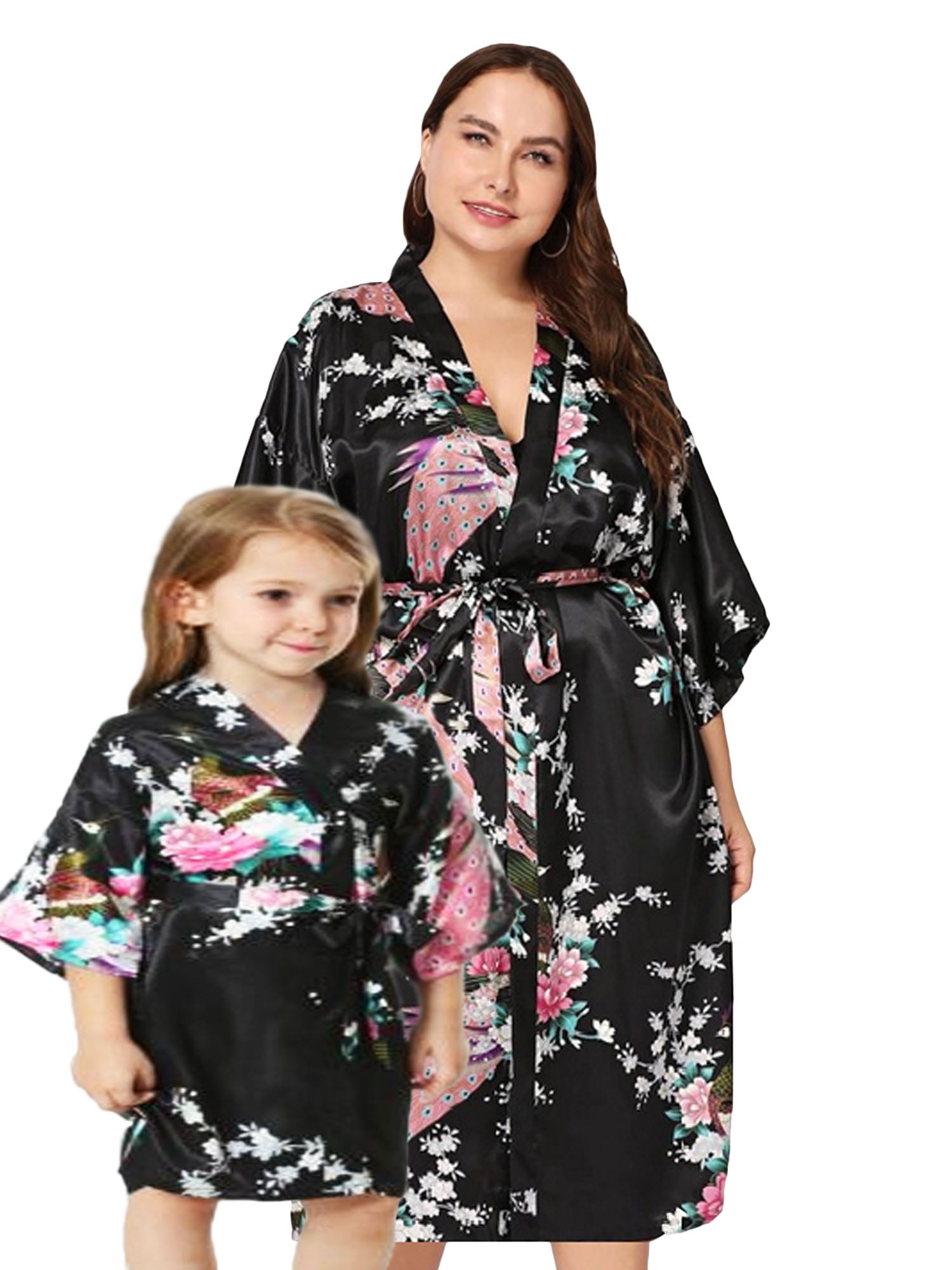 Mame Robe Black Mommy and Me Robes, Floral, Satin Feel - Walmart.com