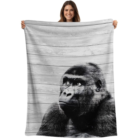 Black Monkey Retro Blanket Soft Cozy Warm Throw Blanket for Couch, Plush Fuzzy Flannel Blankets for Sofa, Modern Art Wildlife Gray Wooden Bed Blankets Lightweight Gifts for Women, 50"x60"