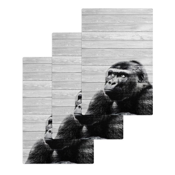 Black Monkey Retro Kitchen Dish Towels for Drying Dishes Set of 3, Modern Art Wildlife Gray Wooden Waffle Weave Microfiber Hand Tea Bathroom Towels Quick Dry & Absorbent Towel 15.7x23.6