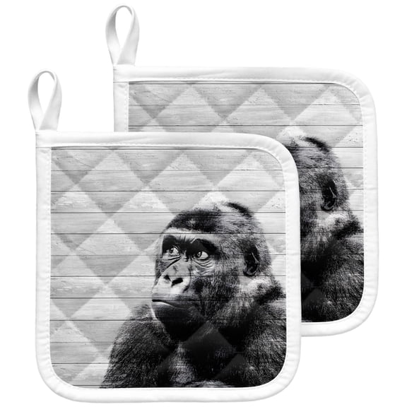 Black Monkey Retro Pot Holders for Kitchen Heatproof Potholder, 2 Pack Modern Art Wildlife Gray Wooden Hot Pads Multipurpose Oven Pads Terry Cloth Potholders Trivet for Cooking and Baking
