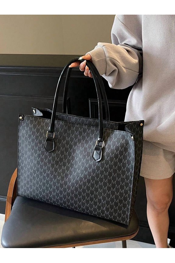 Black Monogram All-Over Print Tote Bag With Dual Handles