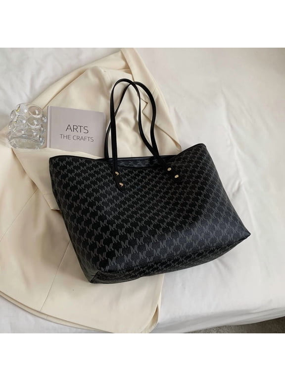 Black Monogram Large Tote Shoulder Bag, Spacious Work Shopping Handbag