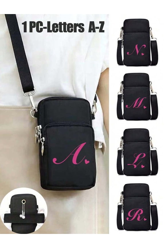 Black Monogram Letter Crossbody Phone Bag With Zipper Pockets