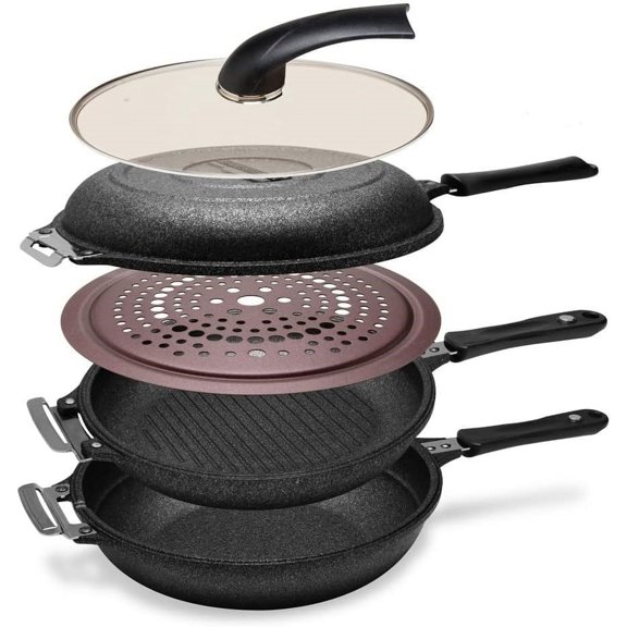 Black Monster Cooker 5-in-1 Functions, Frying pan, Grill pan, Double Sided Frying Pan, Pot, Steamer, It is Changeable and Transformed and Superior Nonstick Function Premium Cookware Set