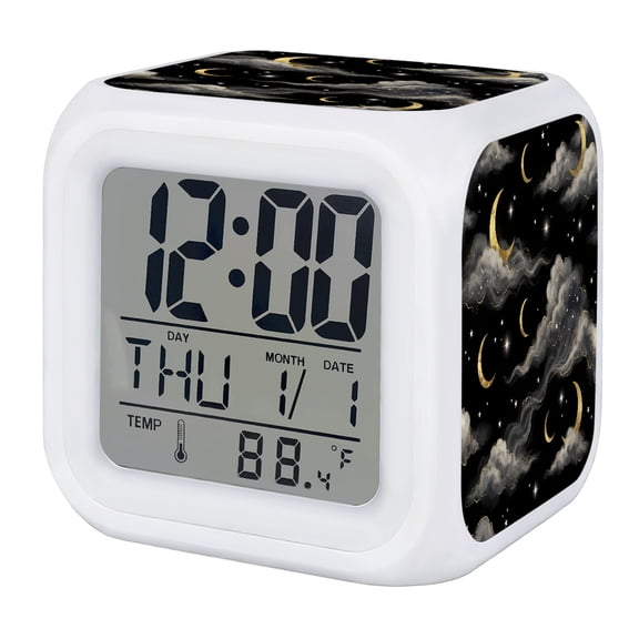 Black Moon Night Digital Alarm Clock for Bedrooms, Smart LED Alarm Clock with 7 Color Changing Night Light, Starry Evening Silent Wake Up Clocks for Sleep Study Cooking 3.2"x3.2"