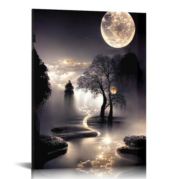 Black Moon River Canvas Wall Art Print Poster,Wall Art Decor for Home, Bedroom, Kitchen, Living Room, Bathroom, Office, Cafe, Hotel - Wooden Framed,Perfect Choice for Home Decoration and Gifts