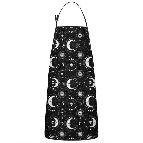 Black Moon Skull Pattern Apron-Garden Aprons for Women with Pockets-Cotton Linen Waterproof Kitchen Cooking Gardening Aprons Adjustable for Kitchen,Cooking,BBQ and Salon 33x27 Inch