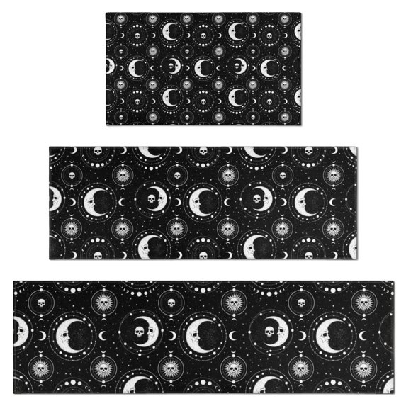 Black Moon Skull Pattern Kitchen Rugs Sets Of 3,Kitchen Runner Rugs Non Skid Washable,Decorative Kitchen Floor Mats for Kitchen,Sink,Laundry,17"x30"+ 17"x47" + 17"x59"
