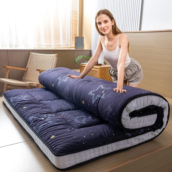 Black Moon and Star Futon Mattress, Padded Japanese Floor Mattress Quilted Bed Mattress Topper, Extra Thick Folding Sleeping Pad Floor Lounger Guest Bed for Camping Couch, Queen