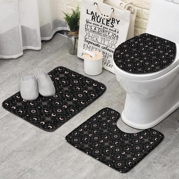 Black Moon Star Pattern Bathroom Rugs Sets 3 Piece,Toilet Cover Set,Absorbent Non Slip Bathroom Mats Sets with U-Shaped Contour Rug Toilet Rug Set