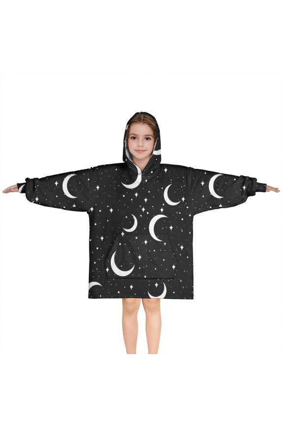 Black Moon Star Pattern Blanket Hoodies for Kids 6-13YR Oversize Wearable Blanket Hoodies for Boys Girls Teens