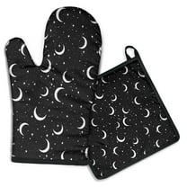 Black Moon Star Pattern Kitchen Oven Mitt and Pot Holder Sets 2 Pcs for Baking, Cooking and Grilling, Heat Resistant Up To 392 °F