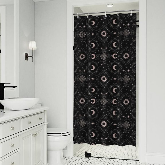 Black Moon Star Pattern Shower Curtain 36"x72" ,Bathroom Decorative Shower Curtains Set with 12 Hooks,Modern Waterproof Washable Shower Curtain