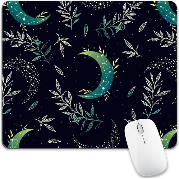 Black Moon Stars Mouse Pad Cute, Mystical Herb Square Computer Mousepads Washable Dark Boho Crescent Magic Nature Leaf Desk Mouse Pads Non-Slip Rubber Base for Gaming Office Laptop Wireless Mouse