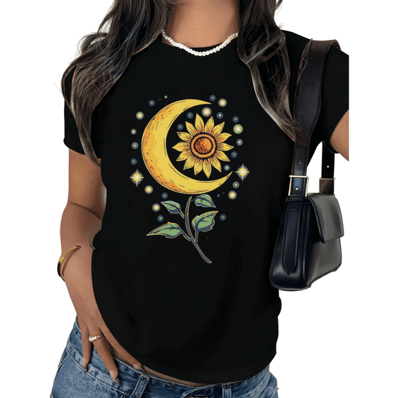Black Moon Sunflower Graphic Tshirt Women Boho Celestial Style S-5XL Casual Tops