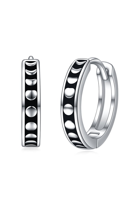 Black Moonphase Hoops Sterling Silver Hoop Earrings for Men Mothers Day Birthday Jewelry Gifts for Men Women Mom (5-Round Moonphase Hoops)