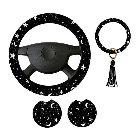 Black Moons White Stars Car Accessories Set Black Moons White Stars Steering Wheel Cover