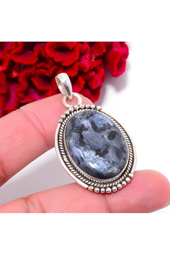 Black Moonstone Larvikite - Norway Designer Handmade 925 Sterling Silver Pendant 1.87" P96648, Christmas Gift