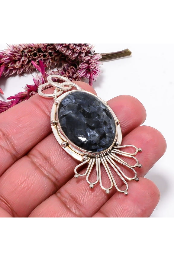 Black Moonstone Larvikite - Norway Designer Handmade 925 Sterling Silver Pendant 2.34" Sku35, Black Pendant, Natural Gemstone Pendant