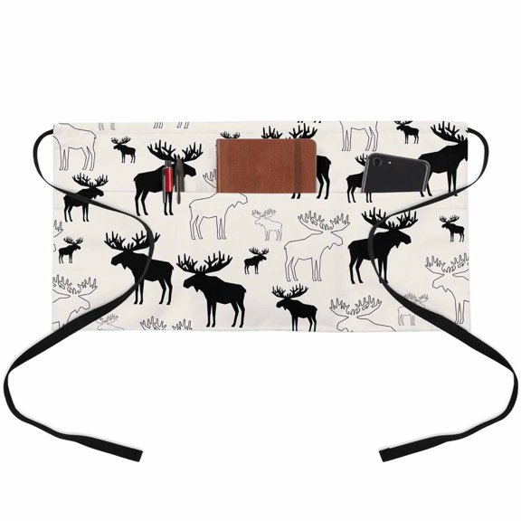 Black Moose Waitress Apron with 3 Pockets, Modern Abstract Art Server Aprons Waterproof Kitchen Restaurant Half Waist Apron for Men Women