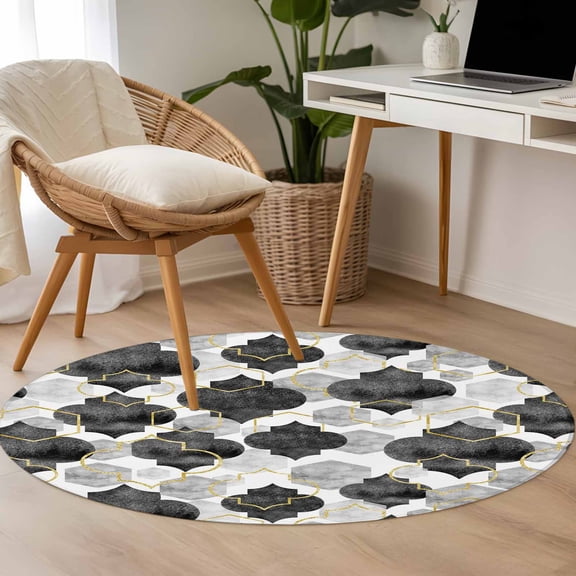 Black Moroccan 3.3ft Round Rug for Bedroom Reading Corner, Abstract Gradient Gold Black Geometric Washable Non Slip Circle Area Rug