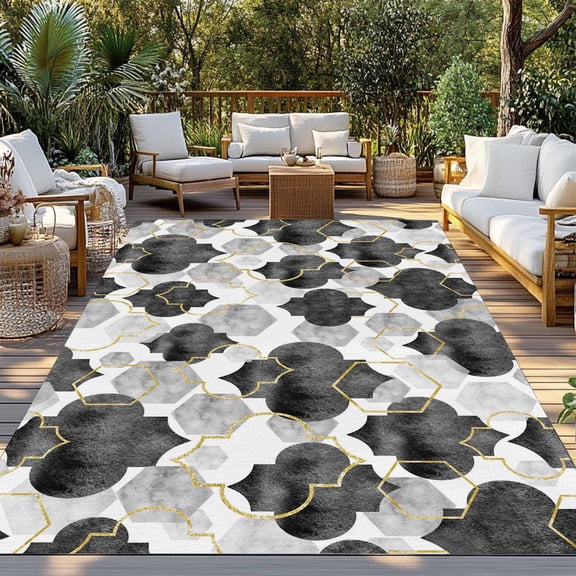 Black Moroccan Indoor Outdoor Rugs 4x6 Ft, Abstract Gradient Gold Black Geometric Outdoor Patio Rugs Mat Washable Outside Area Rugs Carpet for Porch Deck RV Camping Pool Balcony Backyard