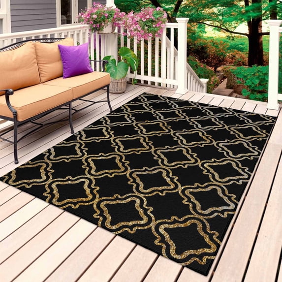 Black Moroccan Outdoor Rug 6x9 Ft, Non Slip Washable Area Rug, Geometric Abstract Art Modern Patio Rugs Carpet Runner, Large Floor Mat for Indoor/Outdoor Deck Porch Camping